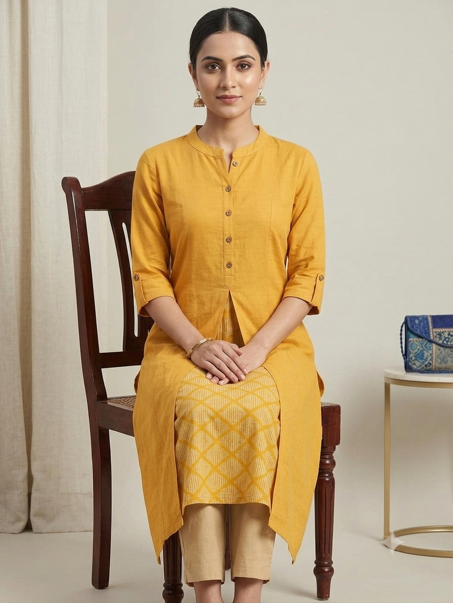Mustard Yellow Straight Knee-Length Kurti with Front Button Detailing