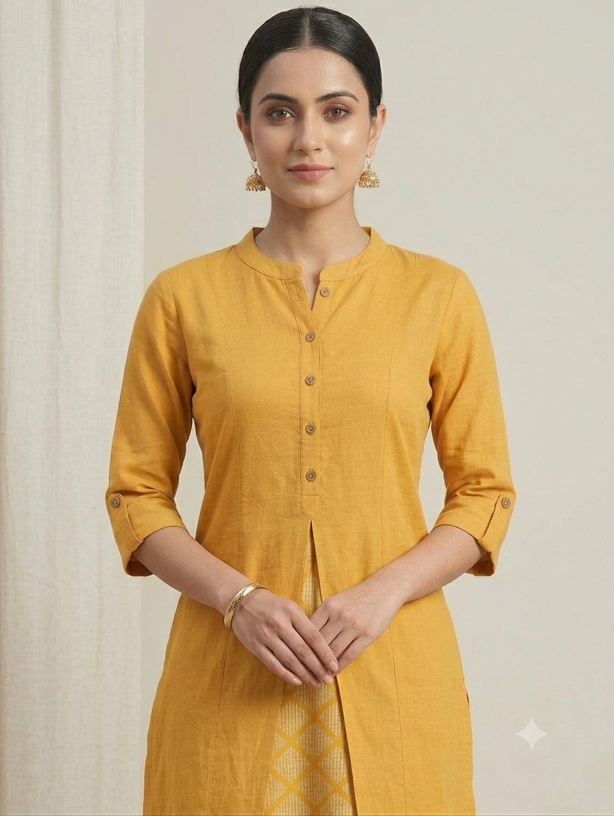 Mustard Yellow Straight Knee-Length Kurti with Front Button Detailing
