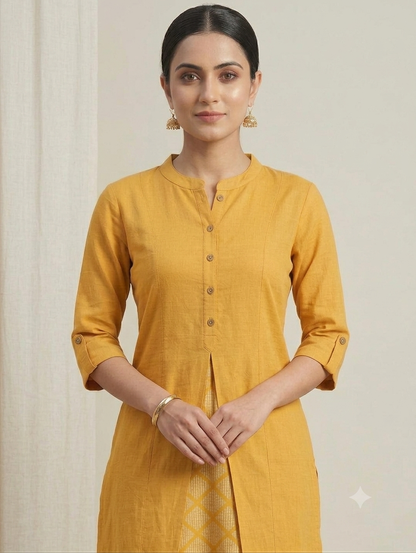 Mustard Yellow Straight Knee-Length Kurti with Front Button Detailing