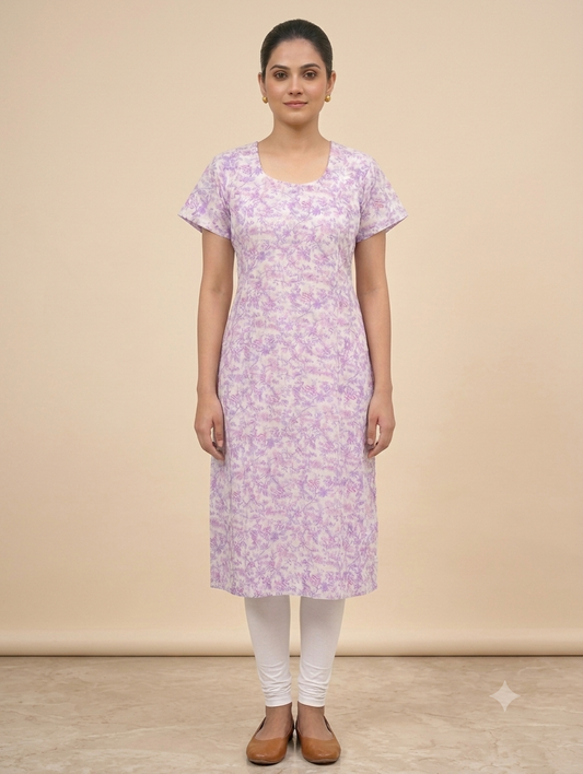 Lavender Floral Printed Straight Knee-Length Kurti with Round Neck