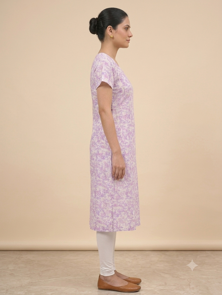 Lavender Floral Printed Straight Knee-Length Kurti with Round Neck