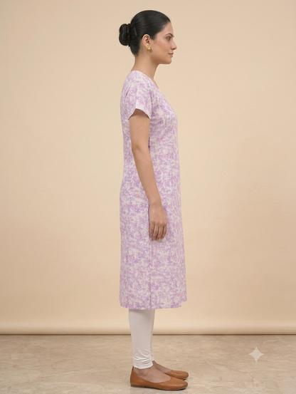 Lavender Floral Printed Straight Knee-Length Kurti with Round Neck