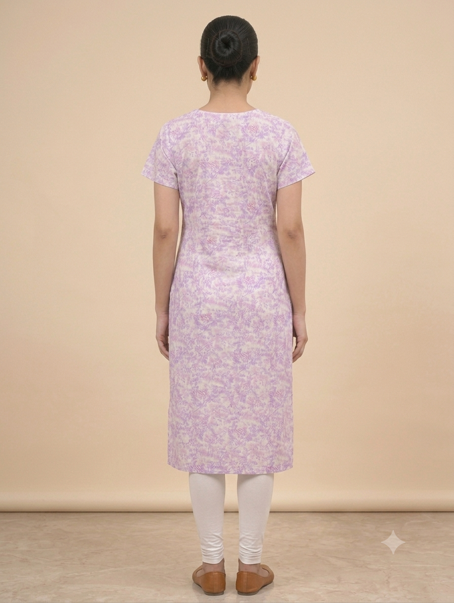 Lavender Floral Printed Straight Knee-Length Kurti with Round Neck