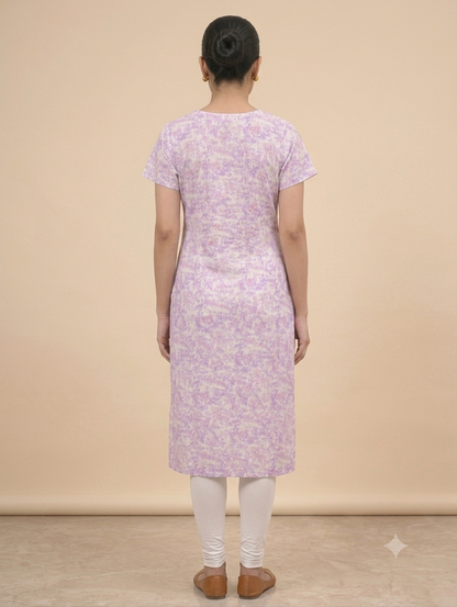 Lavender Floral Printed Straight Knee-Length Kurti with Round Neck
