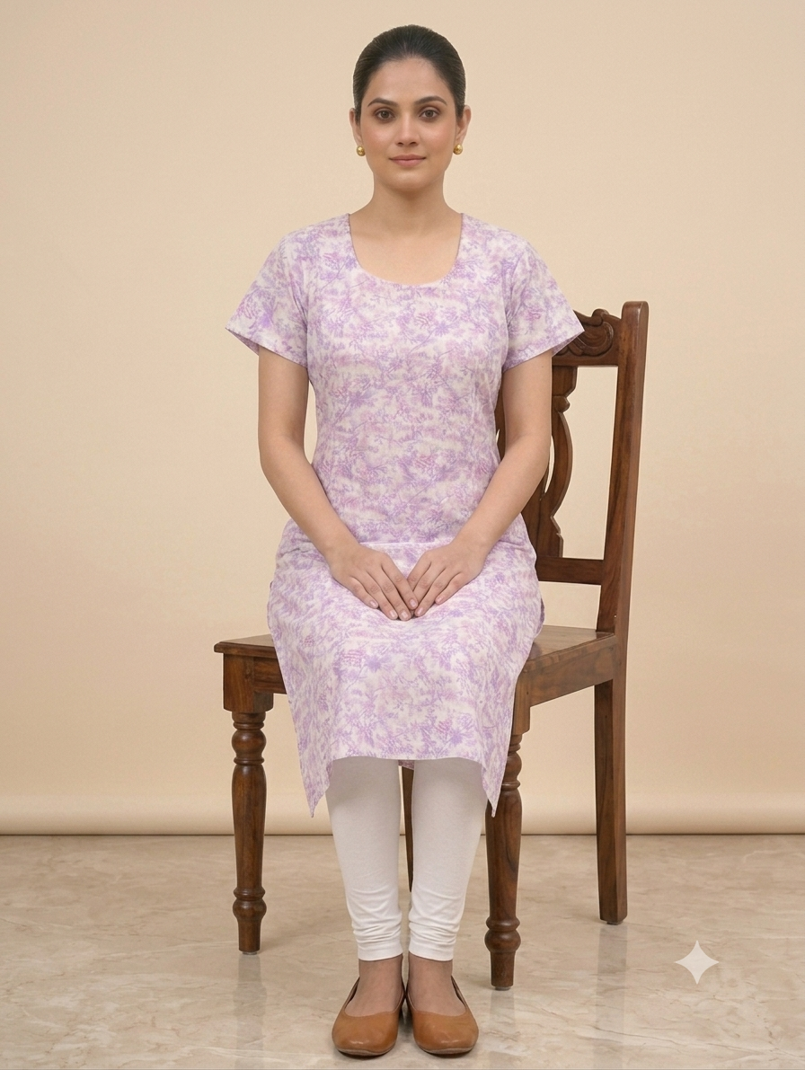 Lavender Floral Printed Straight Knee-Length Kurti with Round Neck