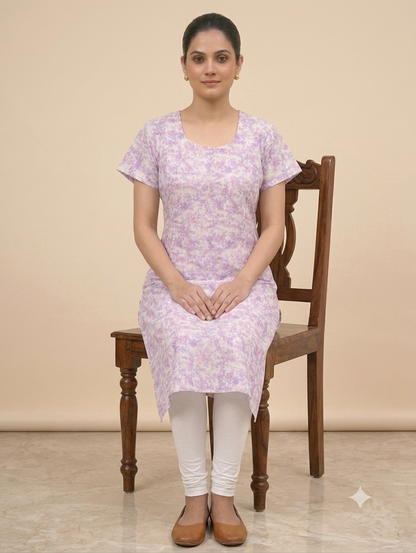 Lavender Floral Printed Straight Knee-Length Kurti with Round Neck