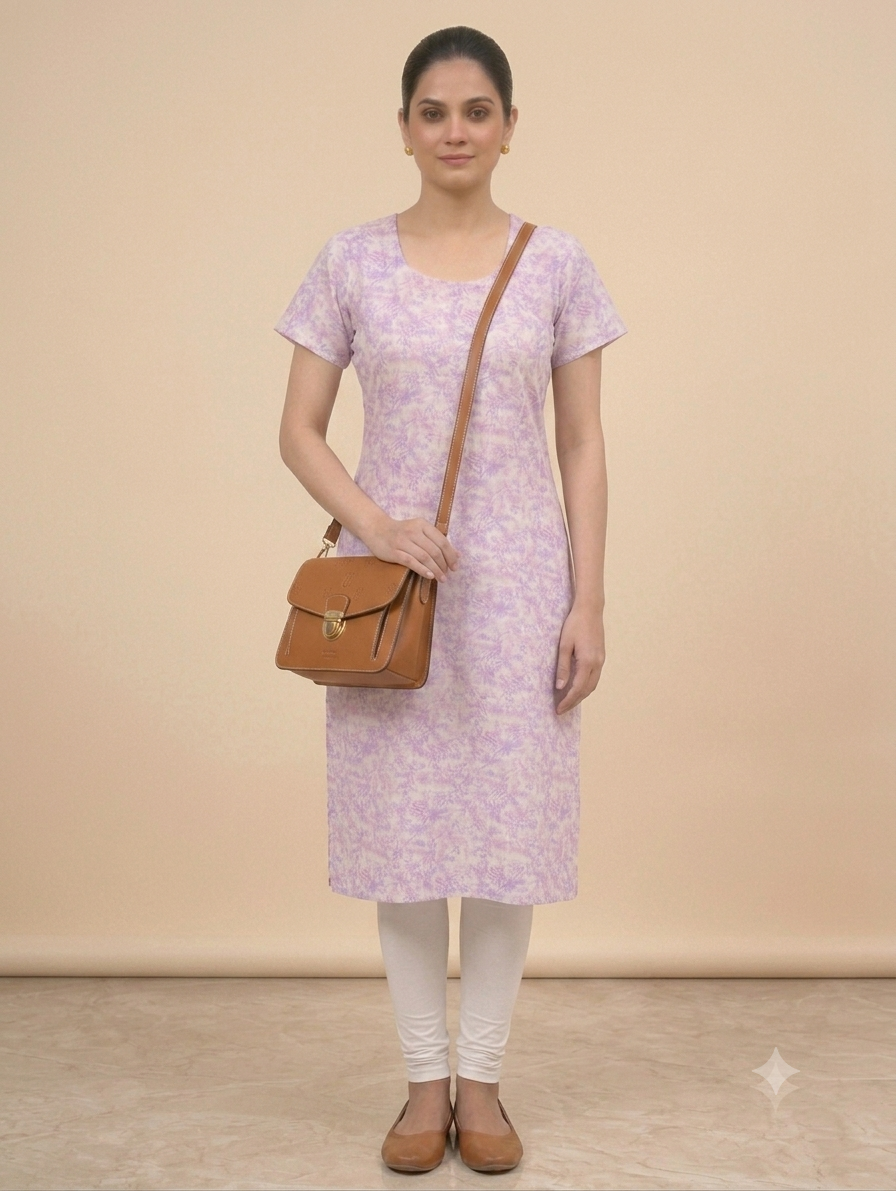 Lavender Floral Printed Straight Knee-Length Kurti with Round Neck