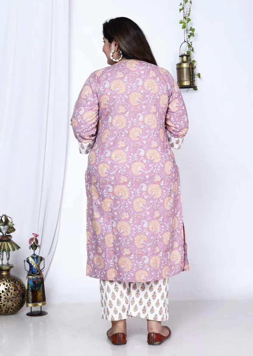 Purple Cotton Printed Kurta Pant Set with Dupatta Plus Size-200003