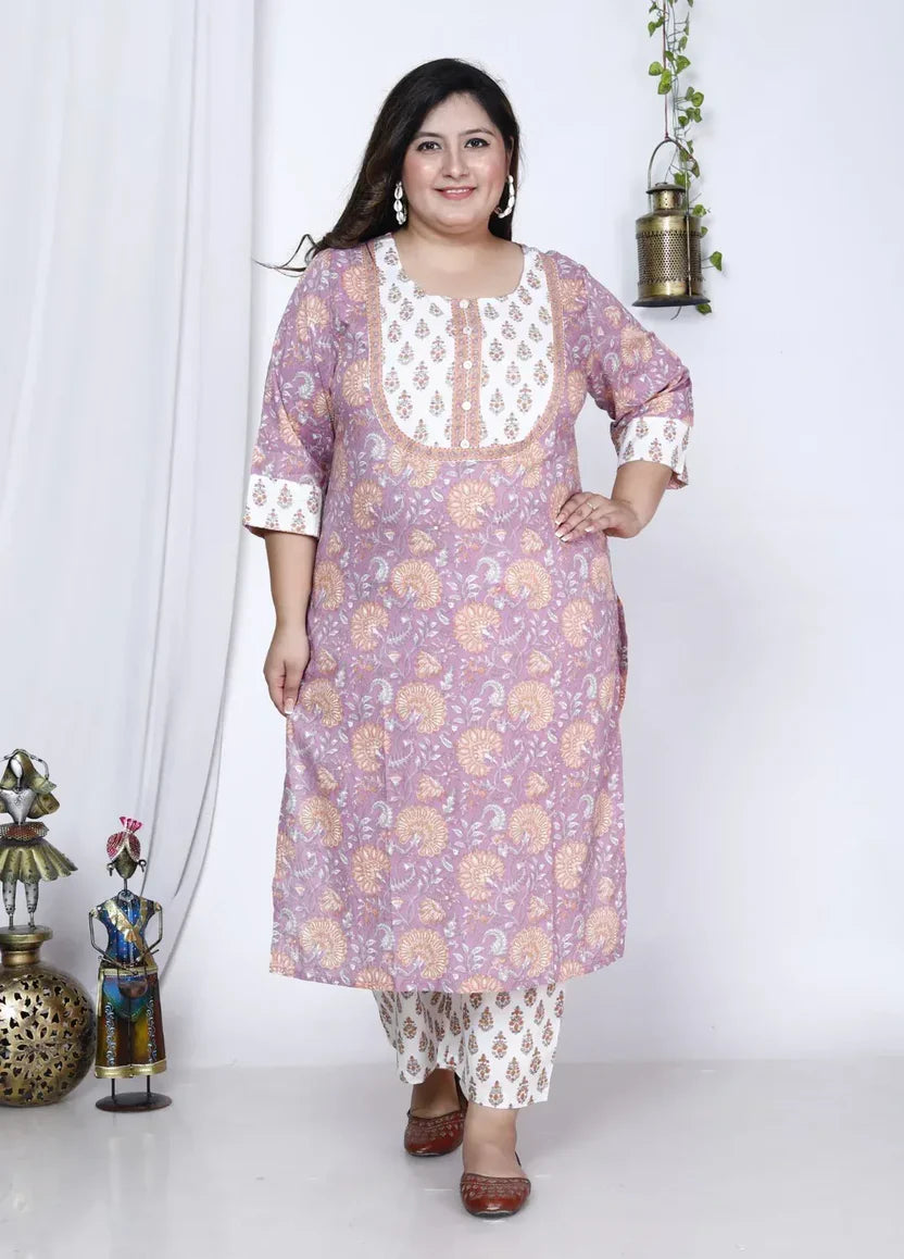 Purple Cotton Printed Kurta Pant Set with Dupatta Plus Size-200003