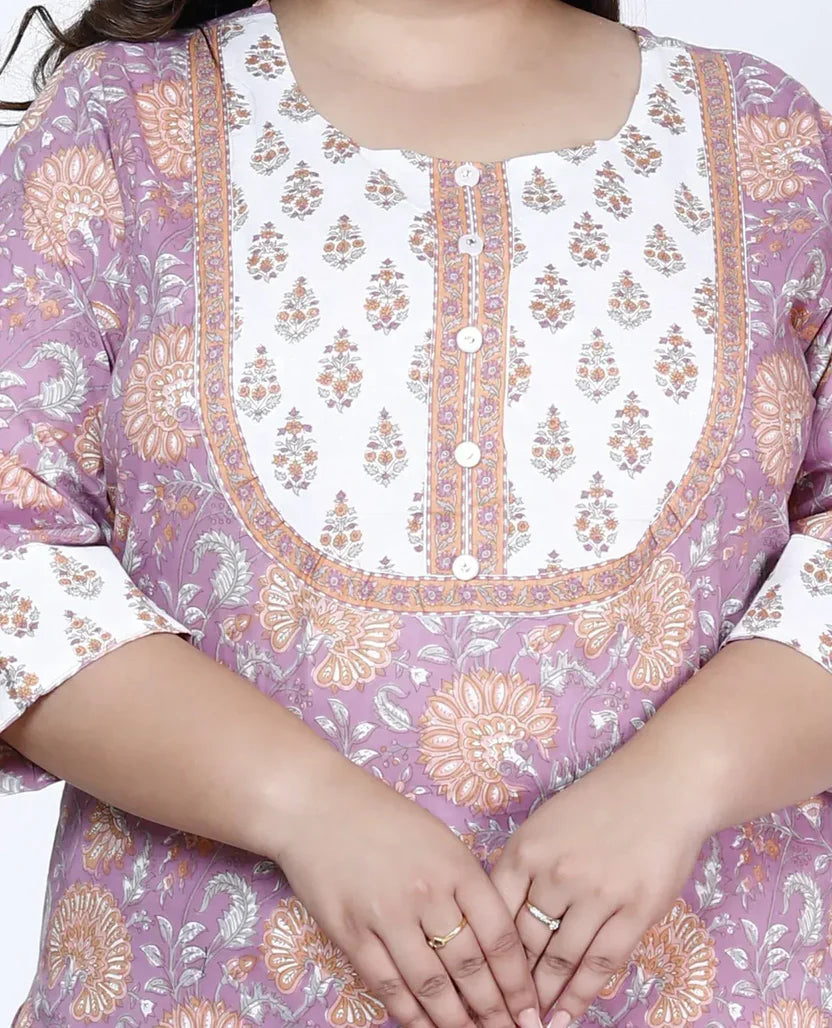 Purple Cotton Printed Kurta Pant Set with Dupatta Plus Size-200003