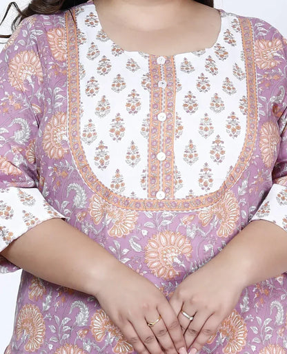 Purple Cotton Printed Kurta Pant Set with Dupatta Plus Size-200003