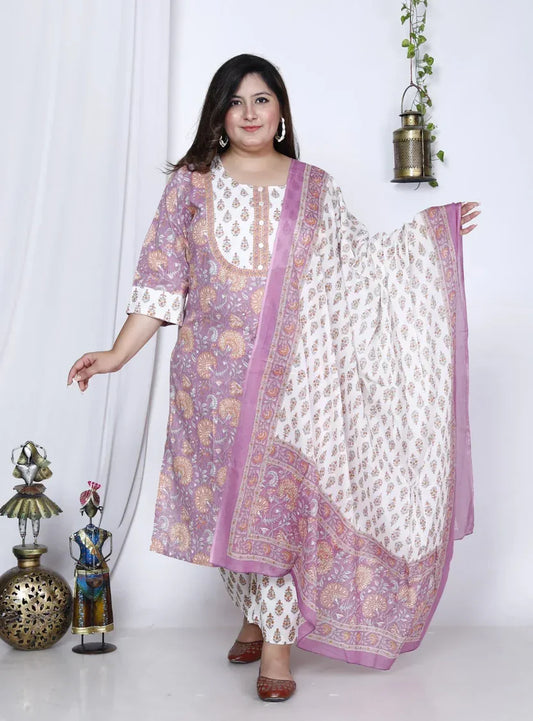 Purple Cotton Printed Kurta Pant Set with Dupatta Plus Size-200003