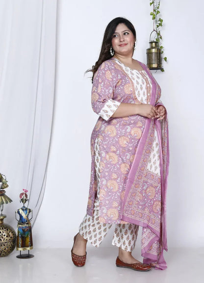 Purple Cotton Printed Kurta Pant Set with Dupatta Plus Size-200003