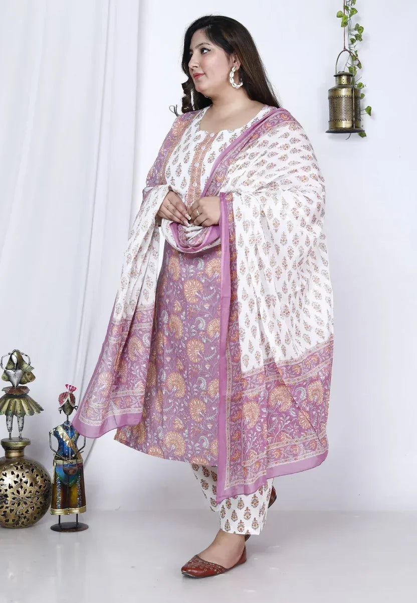 Purple Cotton Printed Kurta Pant Set with Dupatta Plus Size-200003