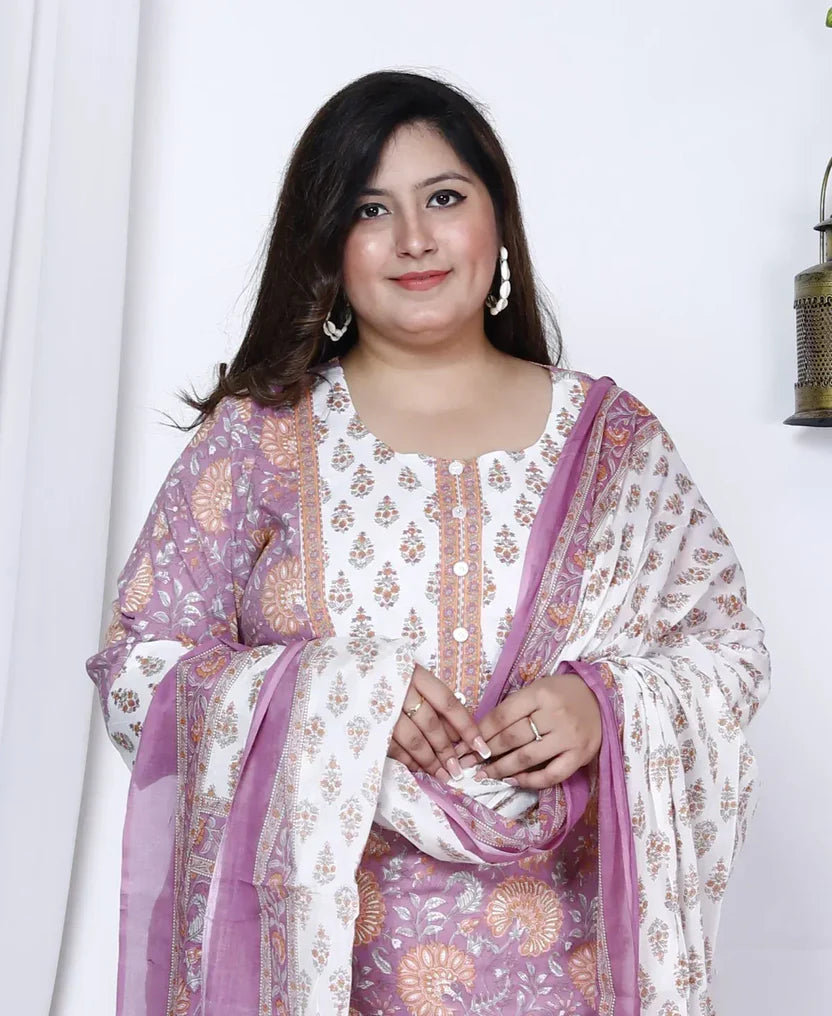 Purple Cotton Printed Kurta Pant Set with Dupatta Plus Size-200003