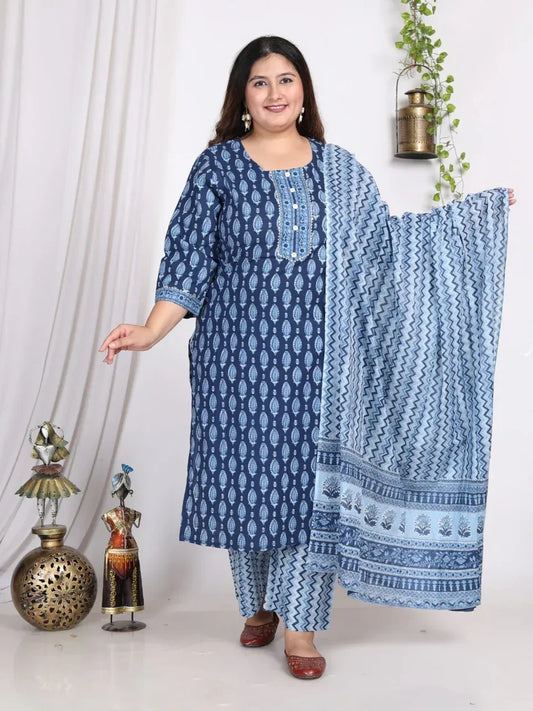 Light Blue Cotton Printed Kurta Pant Set with Dupatta Plus Size-200006