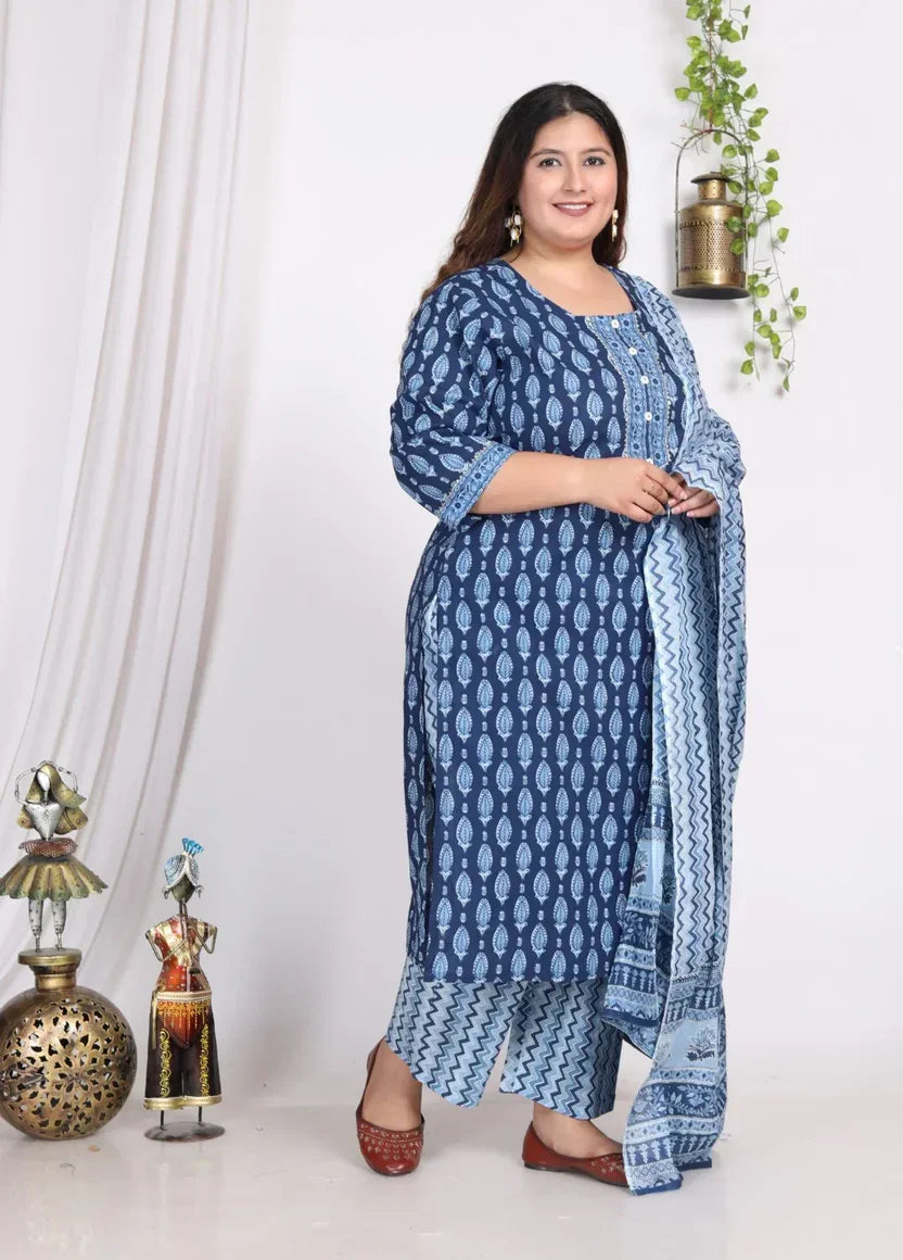 Light Blue Cotton Printed Kurta Pant Set with Dupatta Plus Size-200006