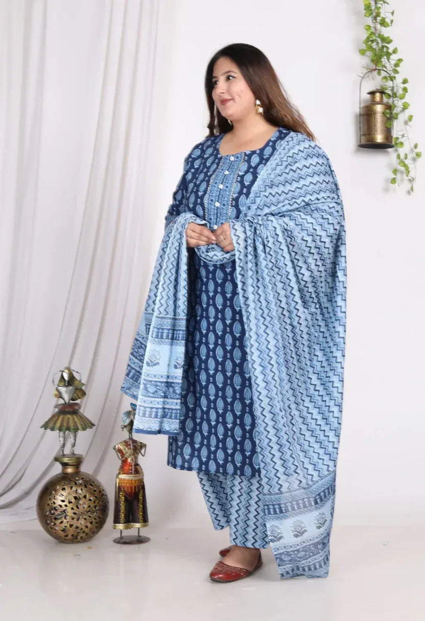 Light Blue Cotton Printed Kurta Pant Set with Dupatta Plus Size-200006