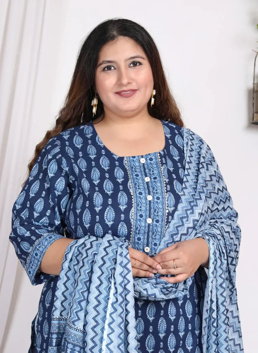 Light Blue Cotton Printed Kurta Pant Set with Dupatta Plus Size-200006