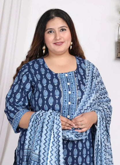 Light Blue Cotton Printed Kurta Pant Set with Dupatta Plus Size-200006