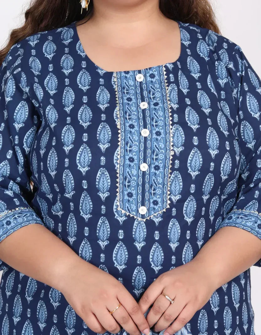 Light Blue Cotton Printed Kurta Pant Set with Dupatta Plus Size-200006