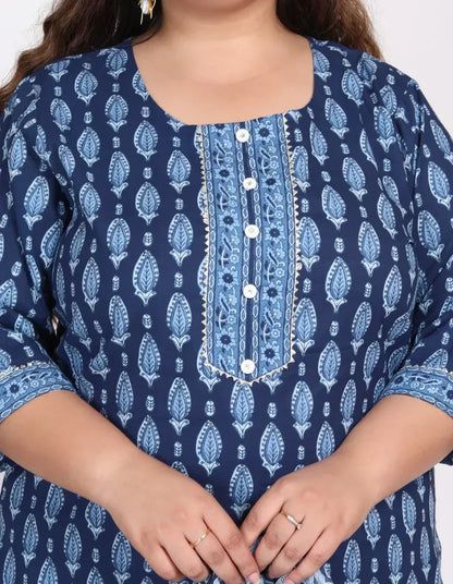 Light Blue Cotton Printed Kurta Pant Set with Dupatta Plus Size-200006