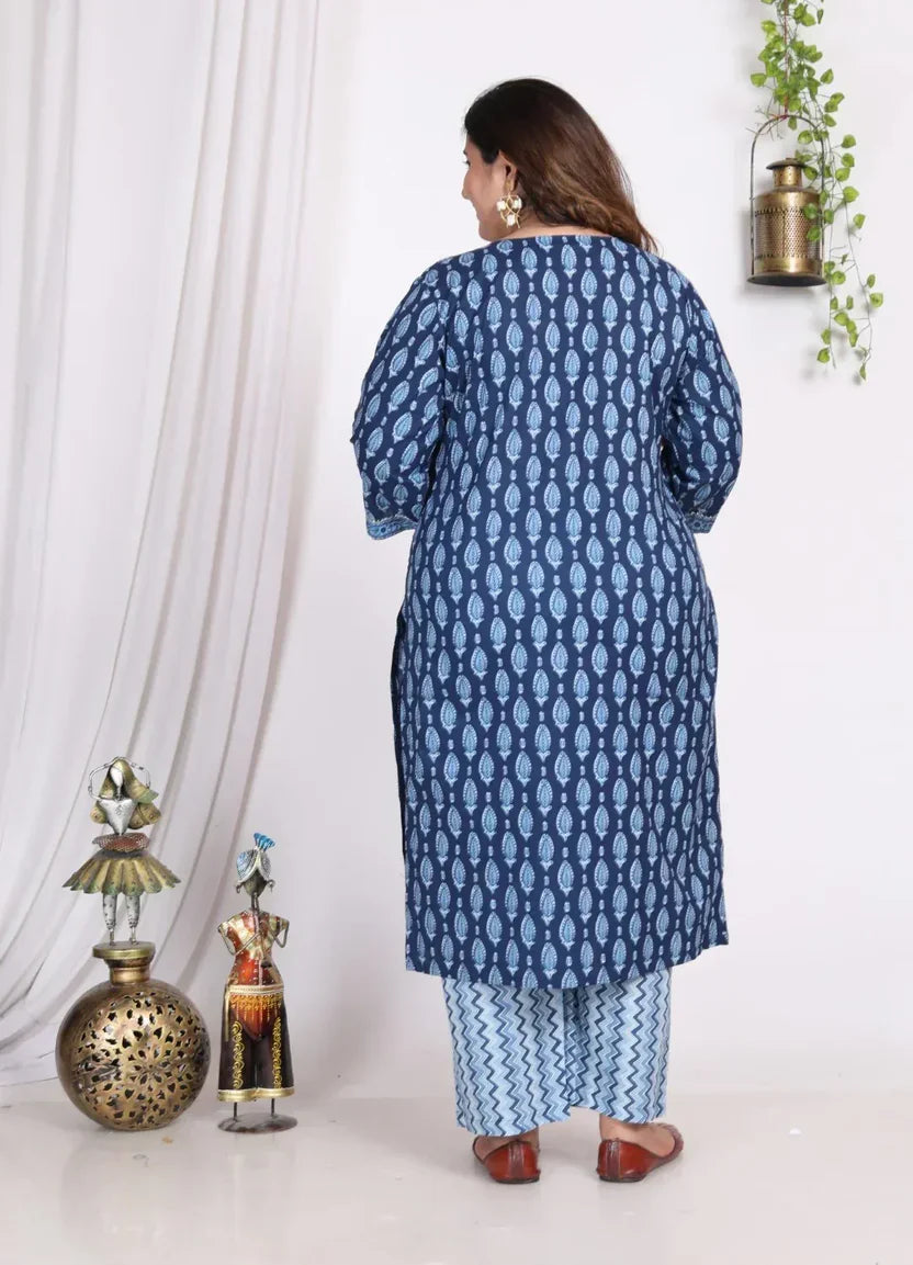 Light Blue Cotton Printed Kurta Pant Set with Dupatta Plus Size-200006