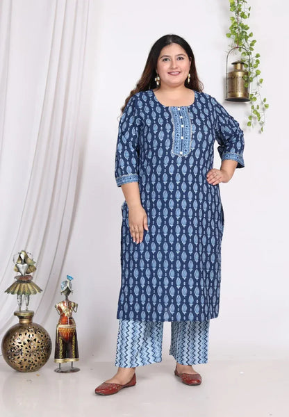 Light Blue Cotton Printed Kurta Pant Set with Dupatta Plus Size-200006