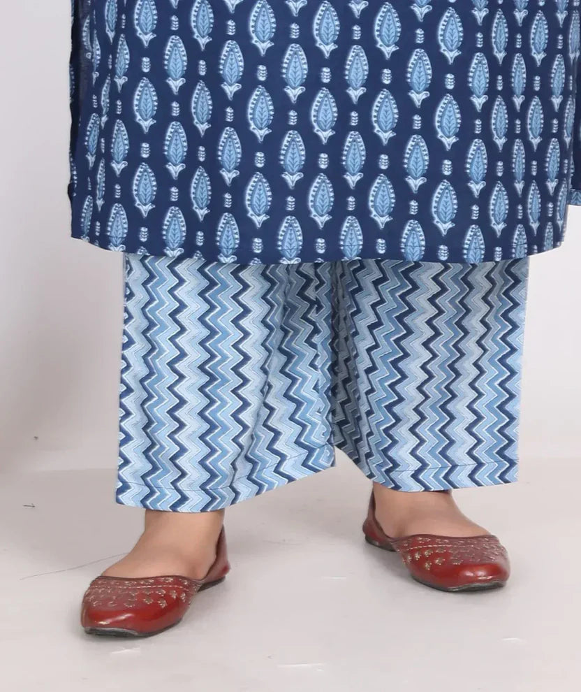 Light Blue Cotton Printed Kurta Pant Set with Dupatta Plus Size-200006