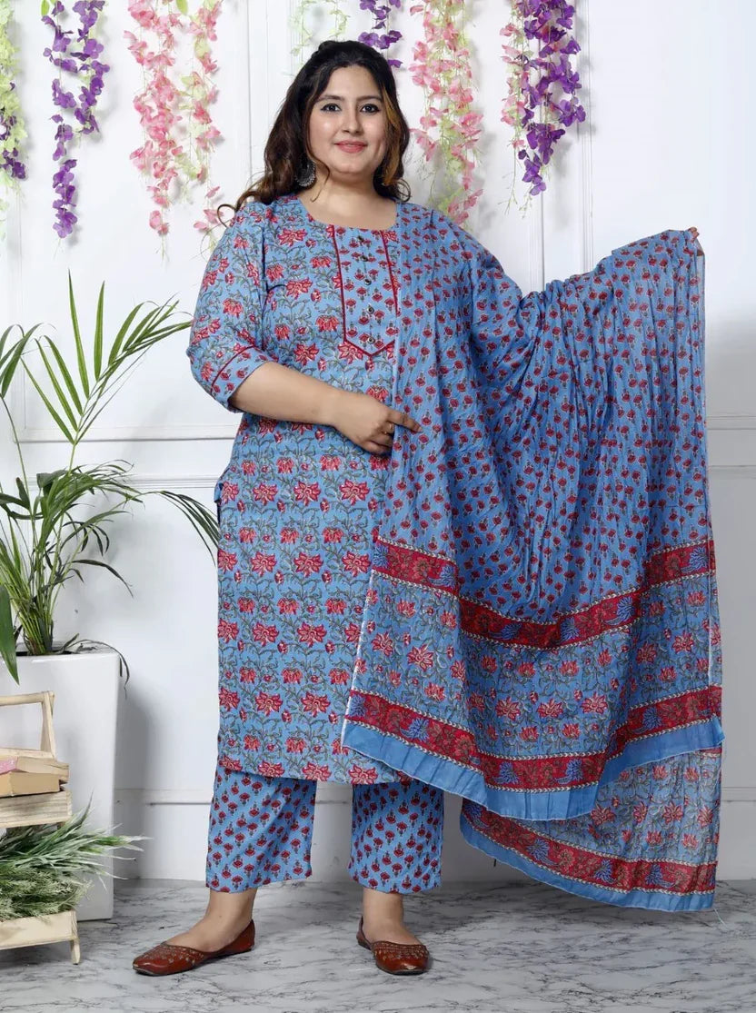 Blue Cotton Printed Kurta Pant Set with Dupatta Plus Size-200030