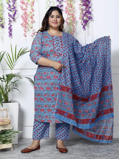 Blue Cotton Printed Kurta Pant Set with Dupatta Plus Size-200030