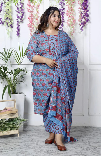 Blue Cotton Printed Kurta Pant Set with Dupatta Plus Size-200030