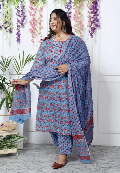 Blue Cotton Printed Kurta Pant Set with Dupatta Plus Size-200030