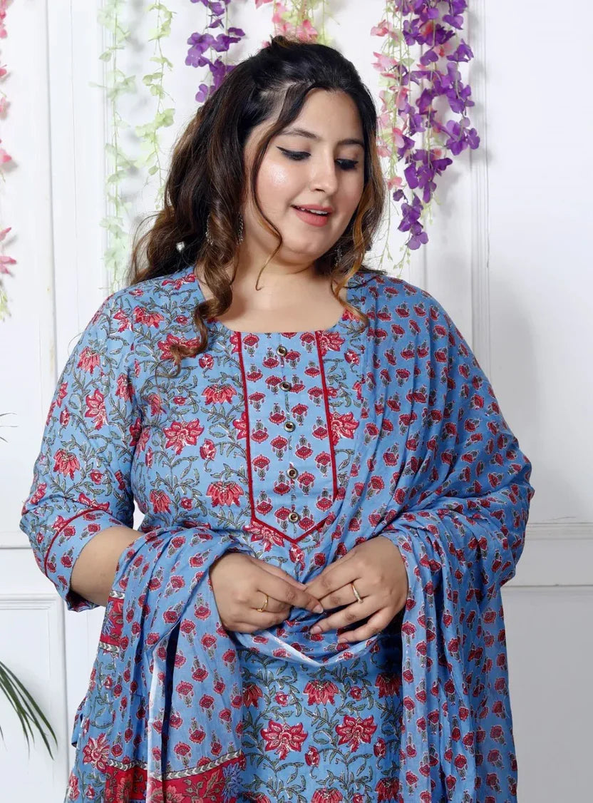 Blue Cotton Printed Kurta Pant Set with Dupatta Plus Size-200030
