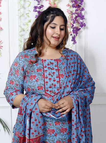 Blue Cotton Printed Kurta Pant Set with Dupatta Plus Size-200030