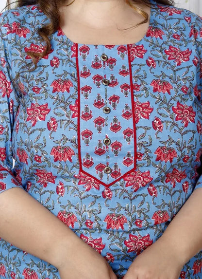 Blue Cotton Printed Kurta Pant Set with Dupatta Plus Size-200030