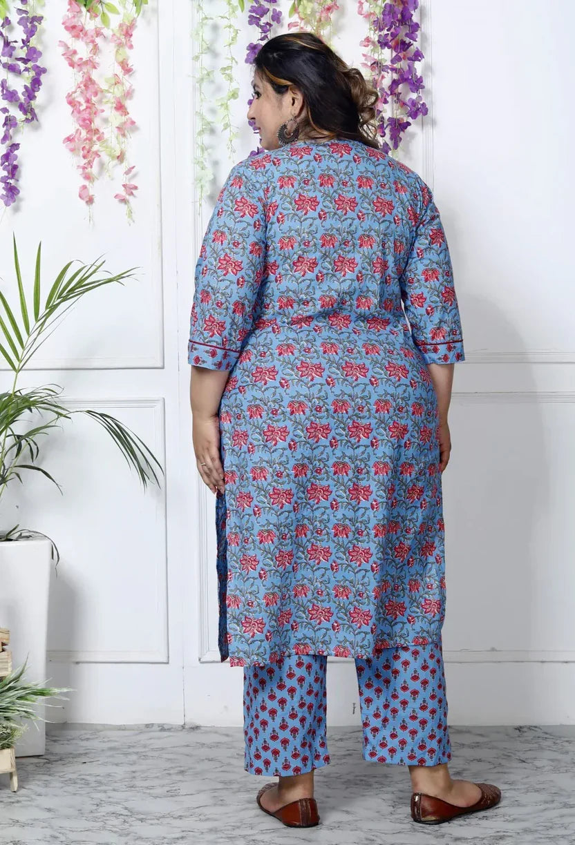 Blue Cotton Printed Kurta Pant Set with Dupatta Plus Size-200030
