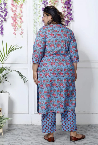 Blue Cotton Printed Kurta Pant Set with Dupatta Plus Size-200030