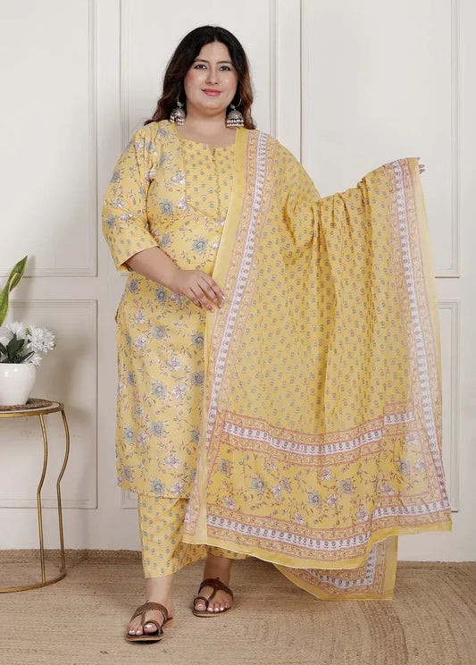 Yellow Cotton Floral Kurta Pant Set with Dupatta Plus Size-22390333