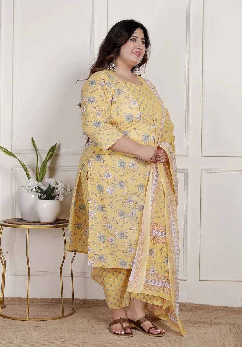 Yellow Cotton Floral Kurta Pant Set with Dupatta Plus Size-200090