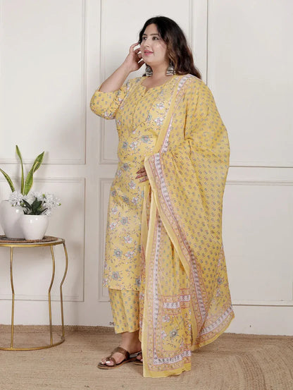 Yellow Cotton Floral Kurta Pant Set with Dupatta Plus Size-200090