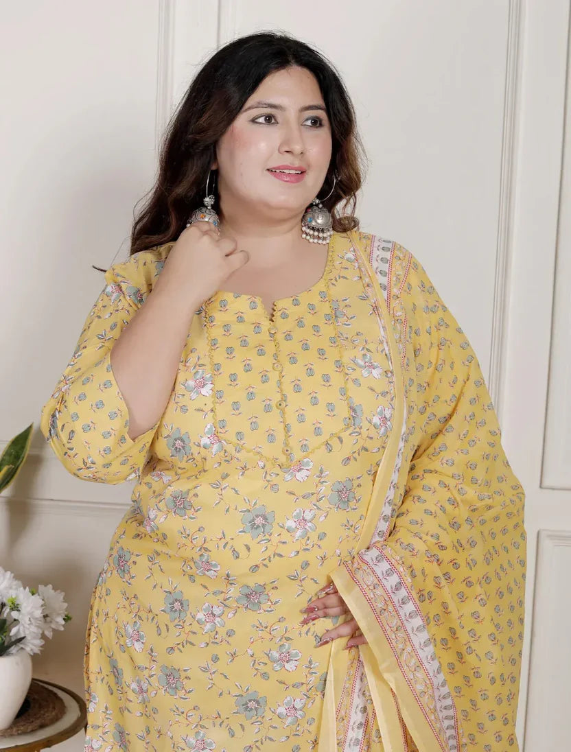 Yellow Cotton Floral Kurta Pant Set with Dupatta Plus Size-22390333