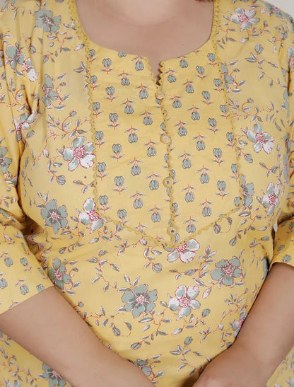 Yellow Cotton Floral Kurta Pant Set with Dupatta Plus Size-22390333