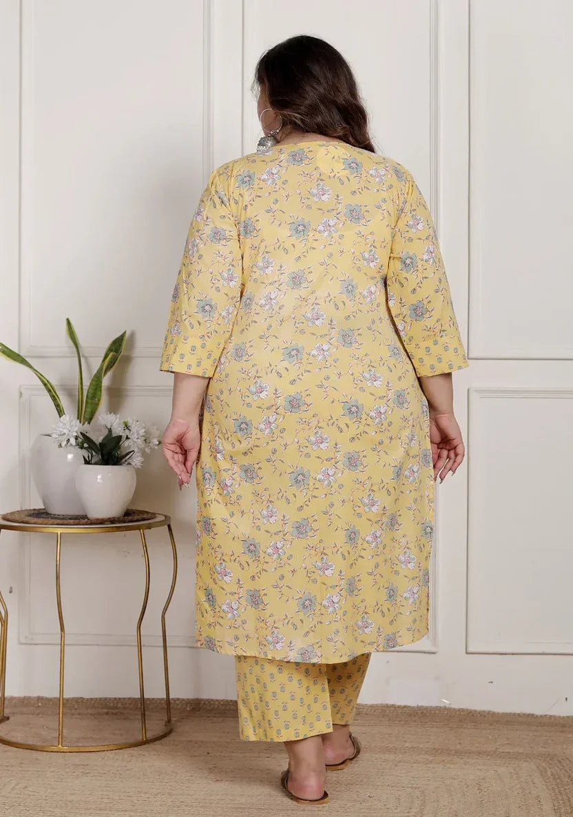 Yellow Cotton Floral Kurta Pant Set with Dupatta Plus Size-22390333