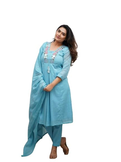 Women's Blue Floral Embroidered Mul Cotton Kurta Set with Pants & Dupatta | Mirror Work Ethnic Wear