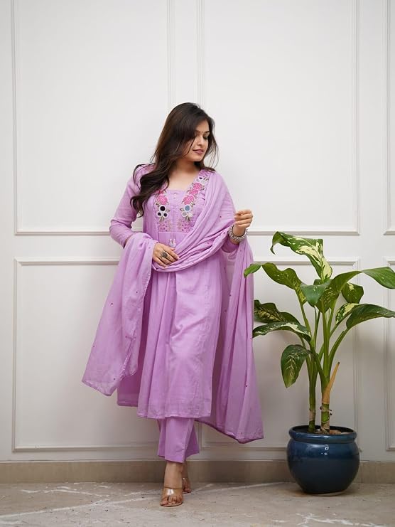 Women's Pastel Pink Floral Embroidered Mul Cotton Kurta Set with Pants & Dupatta | Mirror Work Ethnic Wear