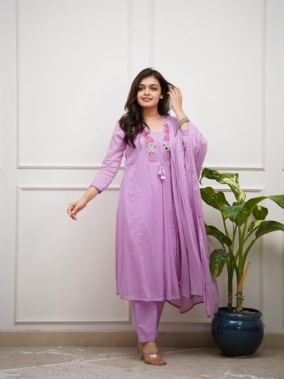 Women's Pastel Pink Floral Embroidered Mul Cotton Kurta Set with Pants & Dupatta | Mirror Work Ethnic Wear