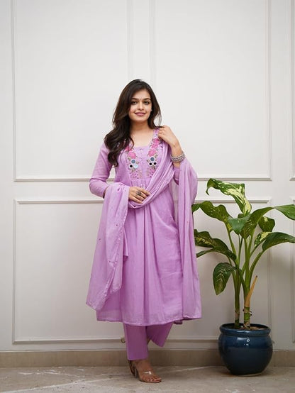 Women's Pastel Pink Floral Embroidered Mul Cotton Kurta Set with Pants & Dupatta | Mirror Work Ethnic Wear