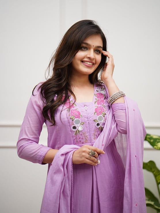 Women's Pastel Pink Floral Embroidered Mul Cotton Kurta Set with Pants & Dupatta | Mirror Work Ethnic Wear