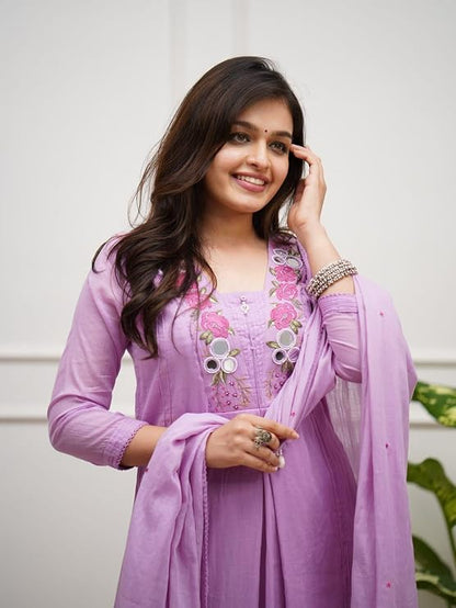 Women's Pastel Pink Floral Embroidered Mul Cotton Kurta Set with Pants & Dupatta | Mirror Work Ethnic Wear